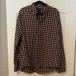 Lands' End Olive and Burgundy Plaid Shirt size L